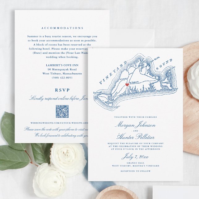 Invitation West Tisbury MA Code QR Bleu Tout-en-un Mariage (West Tisbury Wedding All-in-one QR code Invitation for an elegant Blue Martha's Vineyard Wedding)