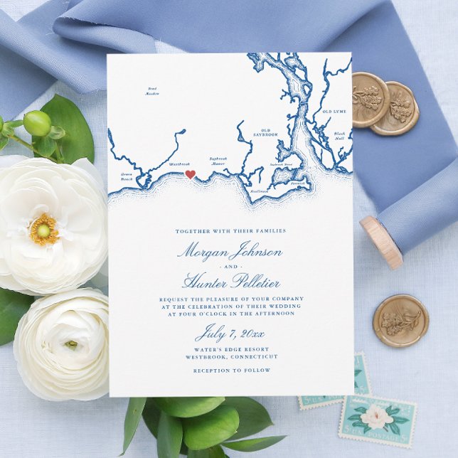 Invitation Westbrook CT Map Élégant Mariage bleu marine (Westbrook CT Map Wedding Invitation for an elegant blue Connecticut seaside destination wedding )