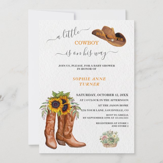 Invitation Western A Little Cowboy Boots Baby shower (Devant)