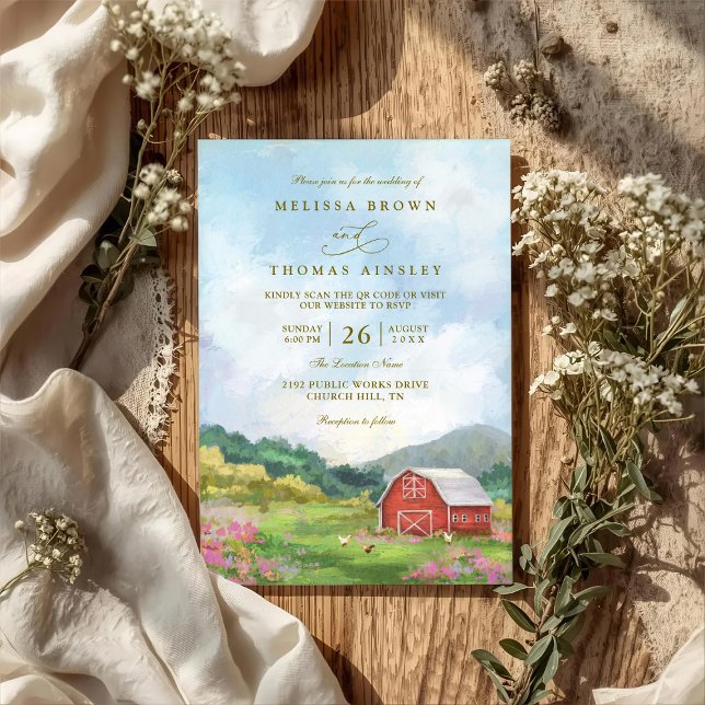 Invitation Western Barn Rustic Countryside QR Code Wedding (Créateur téléchargé)