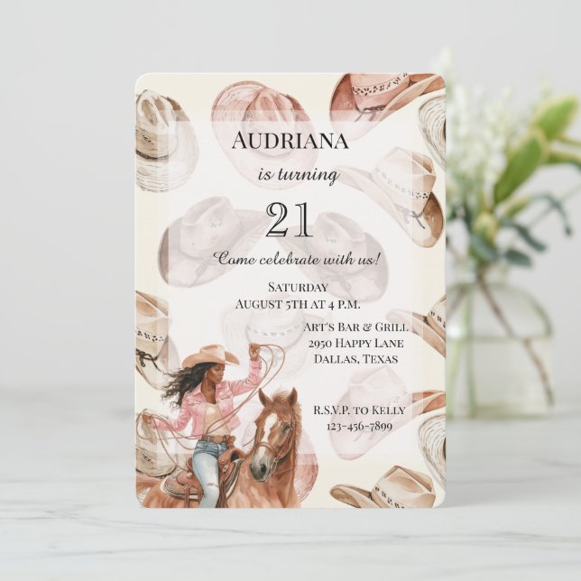 Invitation Western Black Brown Cowgirl Casquettes Anniversair (Debout devant)