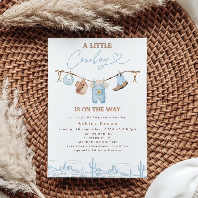 Invitation Western Blue Brown Cloche Baby shower Cowboy (Cowboy Baby Shower Invitation Template, Little Cowboy Is On The Way Baby Shower Invitation, Clothes )