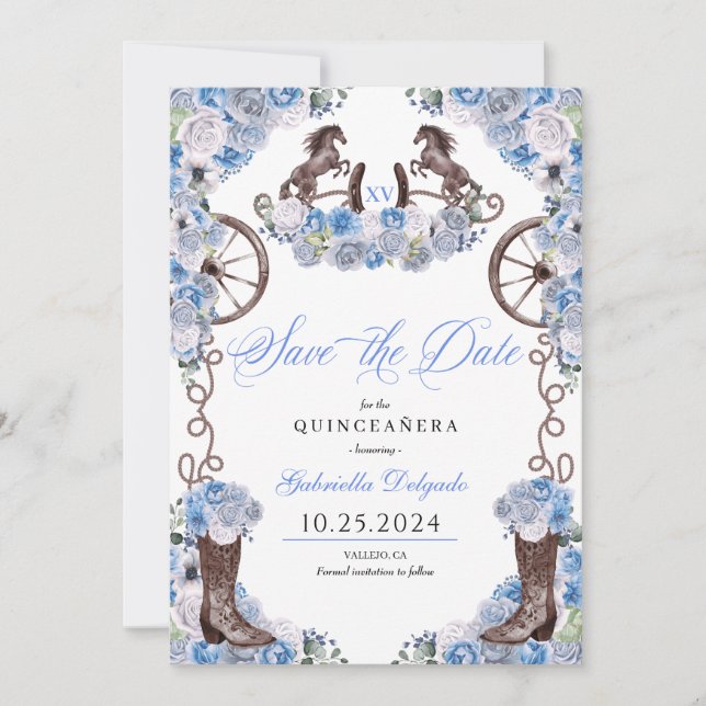 Invitation Western Blue Charro Sauvez La Date Quinceañera (Devant)