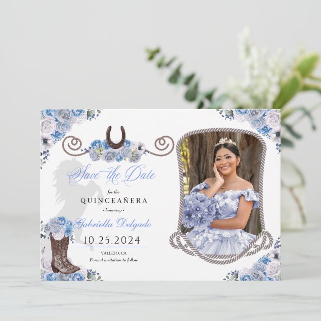 Invitation Western Blue Quinceañera Save the Date Photo (Debout devant)