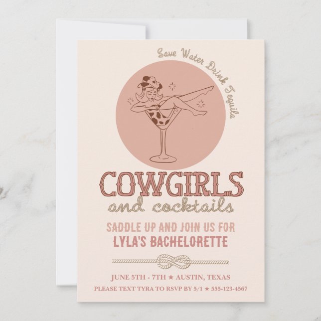 Invitation Western Blush Cowgirls et Cocktails Bachelorette (Devant)