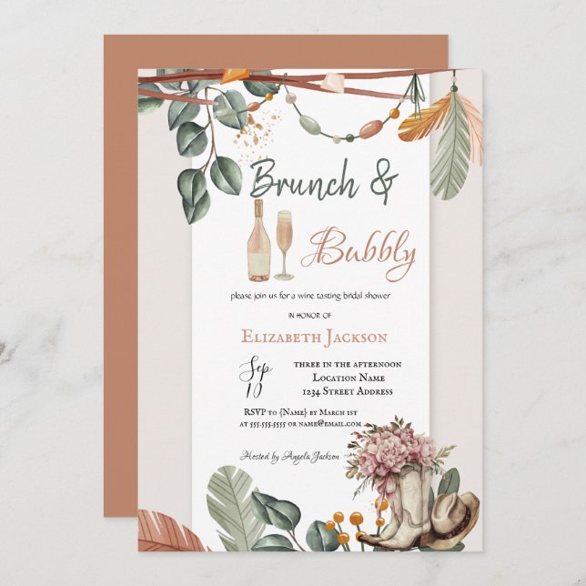 Invitation Western Boho Brunch & Bubbly Bridal Shower  (Devant / Derrière)