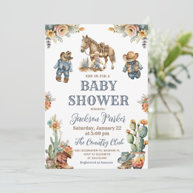 Invitation Western Boho Wild West Boy Baby shower (Debout devant)