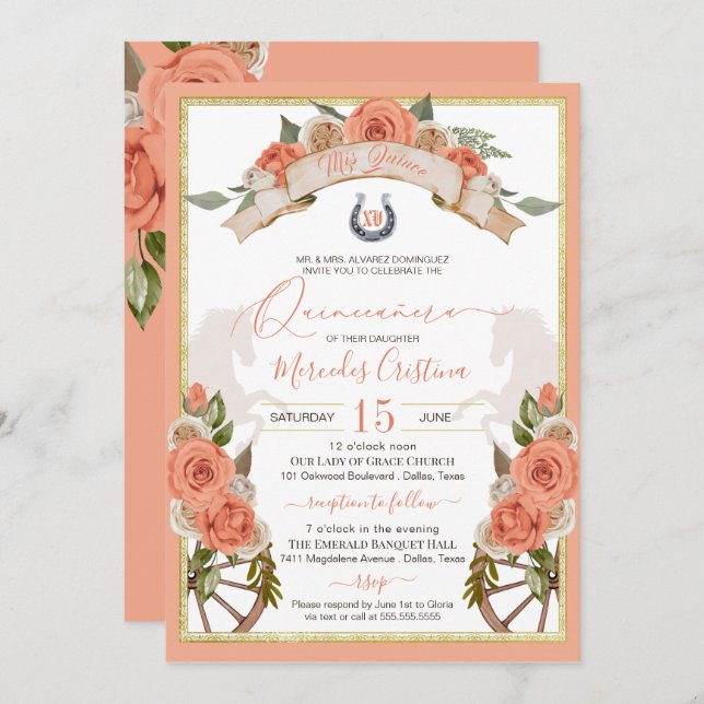 Invitation Western Charro Peach Cheval Rose Quinceañera (Devant / Derrière)