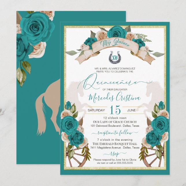 Invitation Western Charro Turquoise Roses Turquoises Quincean (Devant / Derrière)