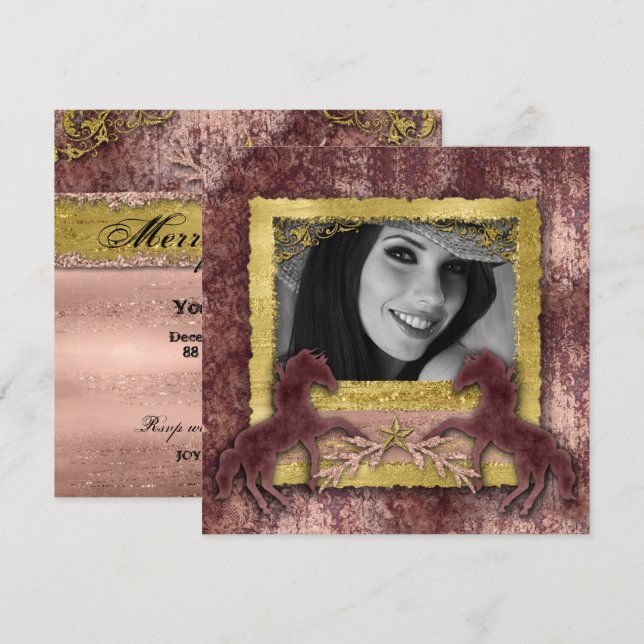 Invitation Western Cheval Vintage Or Rose Grad (Devant / Derrière)