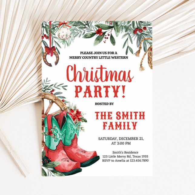 Invitation Western Country Boots Noël Party (Country Boots Western Christmas Party Invitation)