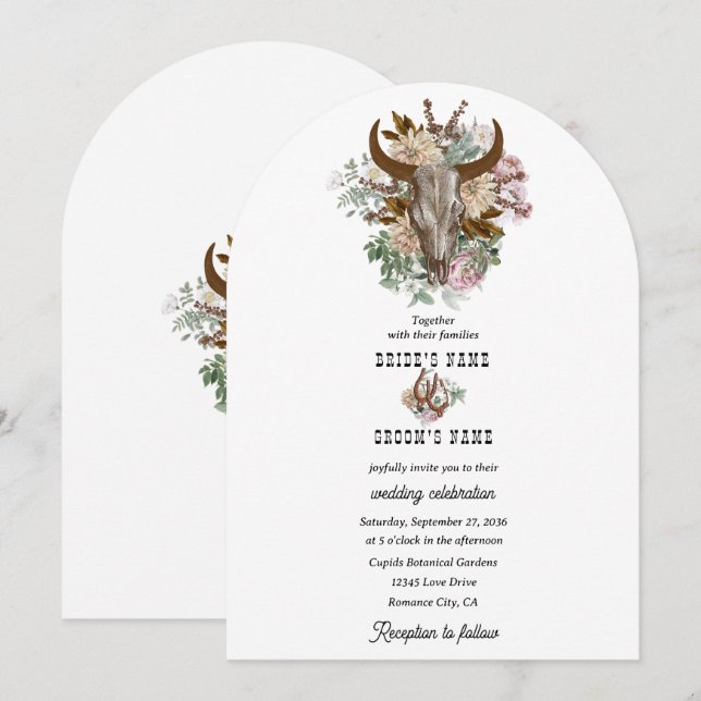 Invitation Western Country Cowboy Boho Cow Mariage crâne (Devant / Derrière)