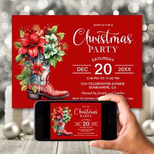 Invitation Western Cowboy Boot Red Christmas Party