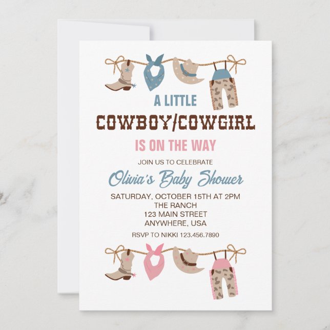 Invitation Western Cowboy Cowgirl sexe révéler Baby shower (Devant)