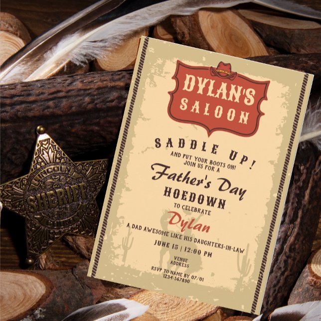 Invitation Western Cowboy Funny Fête des pères Saloon (Western Cowboy Funny Father's Day Man Cave Hoe Down Rustic Party Invitation)