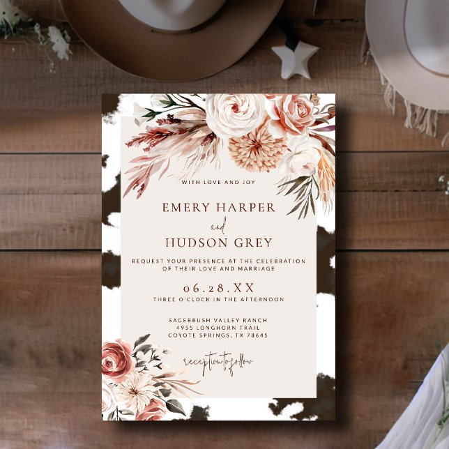Invitation Western Cowboy Ranch Boho Floral Cowhal Mariage (western wedding invitation cowhide boho floral ranch country barn terracotta rust watercolor rustic)