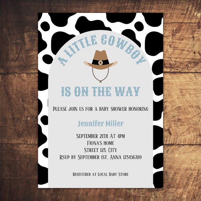 Invitation Western Cowboy Rodeo Cow Imprimer Baby shower garç (cowboy western rodeo baby boy shower invitation cow print cowboy hat baby blue)