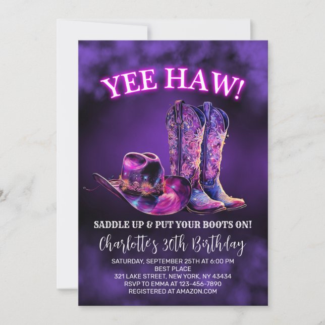 Invitation Western Cowgirl Anniversaire de fête Purple Neon (Devant)