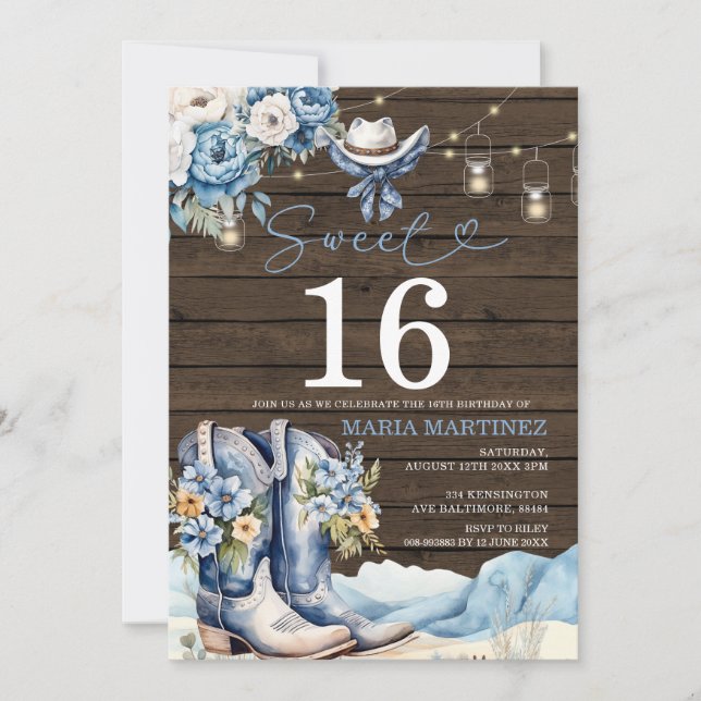 Invitation Western Cowgirl Blue Floral Wood Sweet 16 Annivers (Devant)