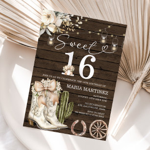 Invitation Western Cowgirl Bottes blanches Bois doux 16 Anniv