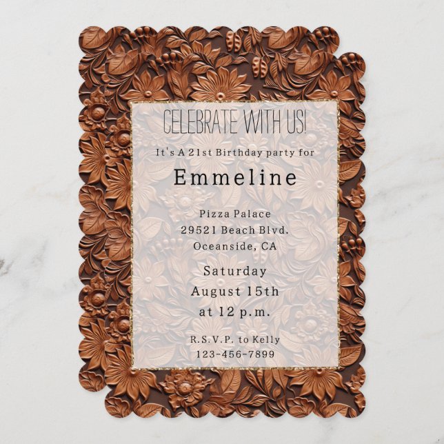 Invitation Western Cowgirl Brown Floral Faux Cuir (Devant / Derrière)