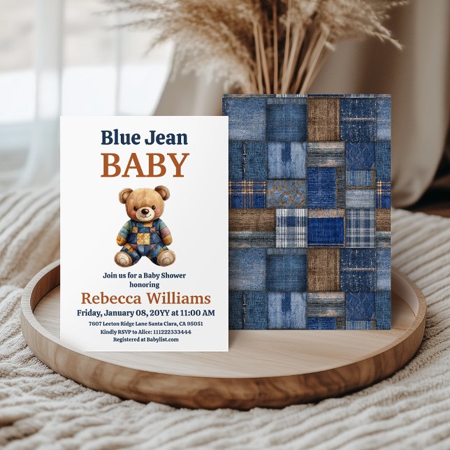 Invitation Western Denim Patchwork Bear Blue Jean Baby Shower (Créateur téléchargé)