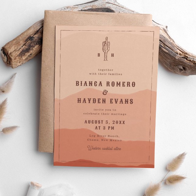 Invitation Western Desert Cactus Boho Western Mariage (burnt orange desert landscape wedding invitation with cactus illustration)