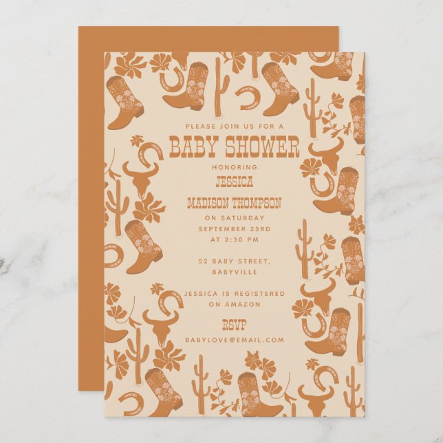Invitation Western Earth Tone Country Boots Baby shower (Devant / Derrière)