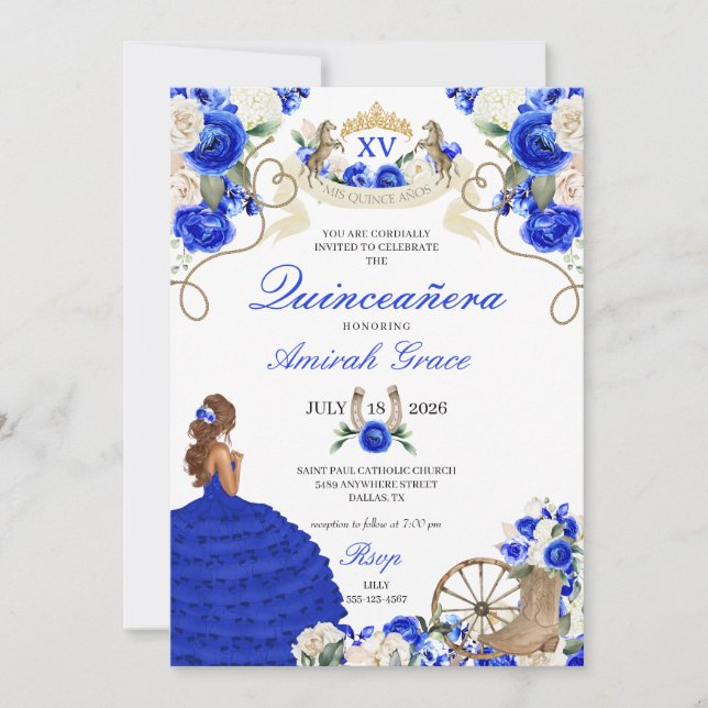 Invitation Western Fairytale Royal Blue Cowgirl Quinceañera (Devant)