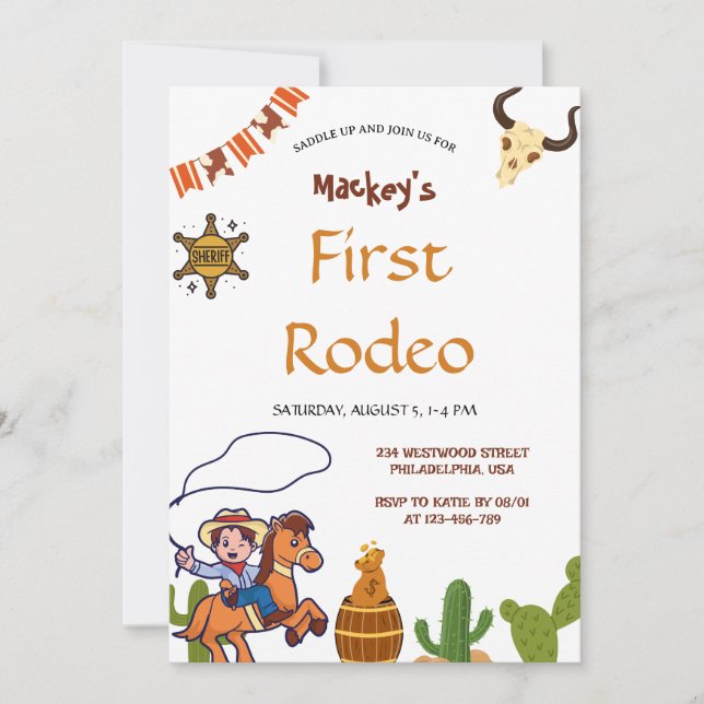 Invitation Western First Rodeo Wild West Cowboy Blue Birthday (Devant)