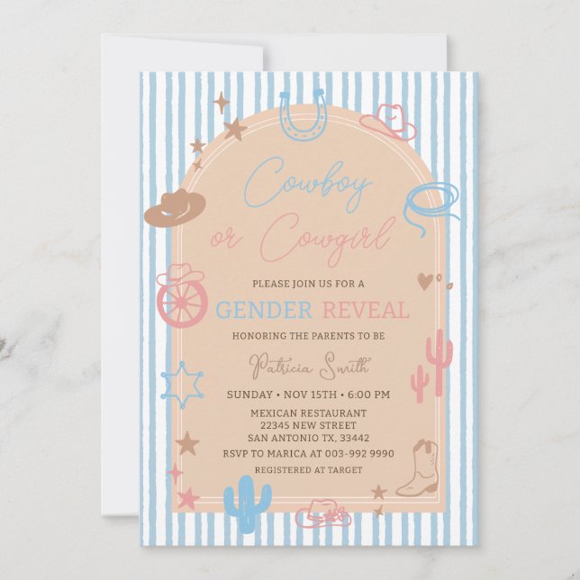 Invitation Western Gender Reveal Cowboy or Cowgirl Stripe (Devant)