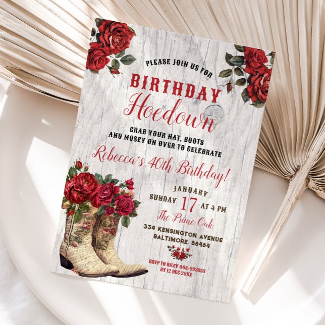 Invitation Western Hoedown Rustique Cowgirl Red Floral Annive (Créateur téléchargé)