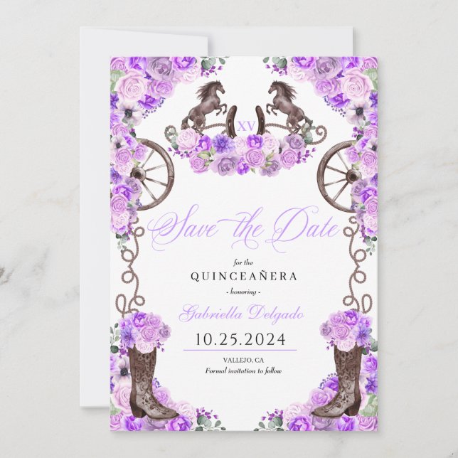 Invitation Western Lilac Charro Sauvez La Date Quinceañera (Devant)