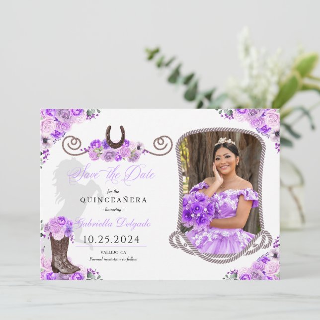 Invitation Western Lilac Quinceañera Enregistrer La Date Phot (Debout devant)