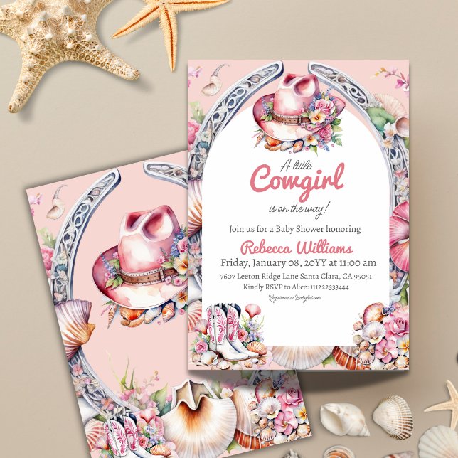 Invitation Western Little Cowgirl Baby shower côtier rose (Créateur téléchargé)