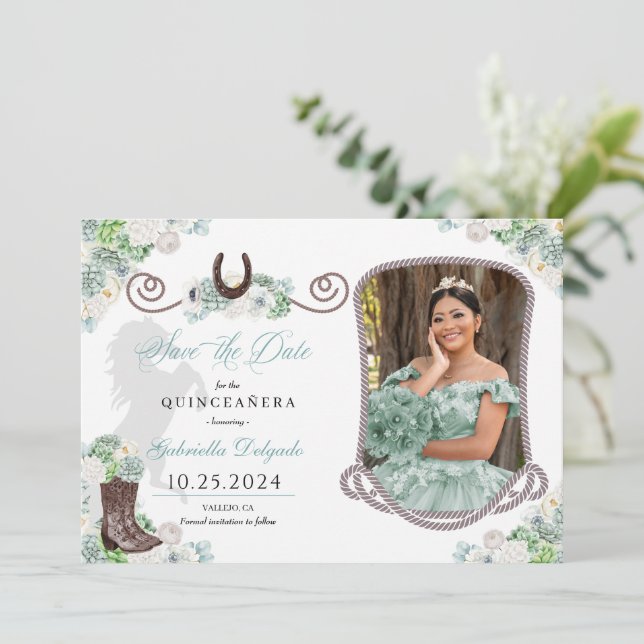 Invitation Western Mint Green Quinceañera Save the Date Photo (Debout devant)