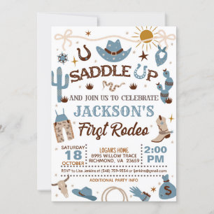 Invitation Western My First Rodeo Birthday Boy (Bleu)
