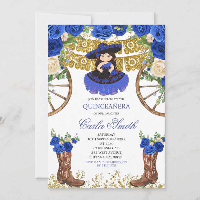 Invitation Western Navy Blue et Gold Charra 15 Anos (Devant)