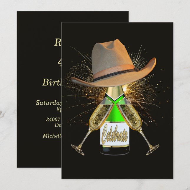 Invitation Western Party Cowboy Casquette Champagne Fireworks (Devant / Derrière)