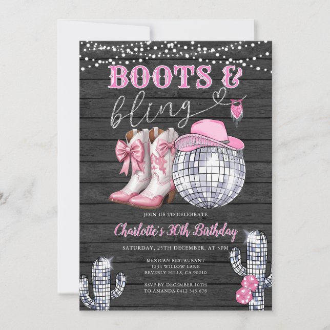 Invitation Western Pink Boots & Bling Cowgirl Cactus Annivers (Devant)