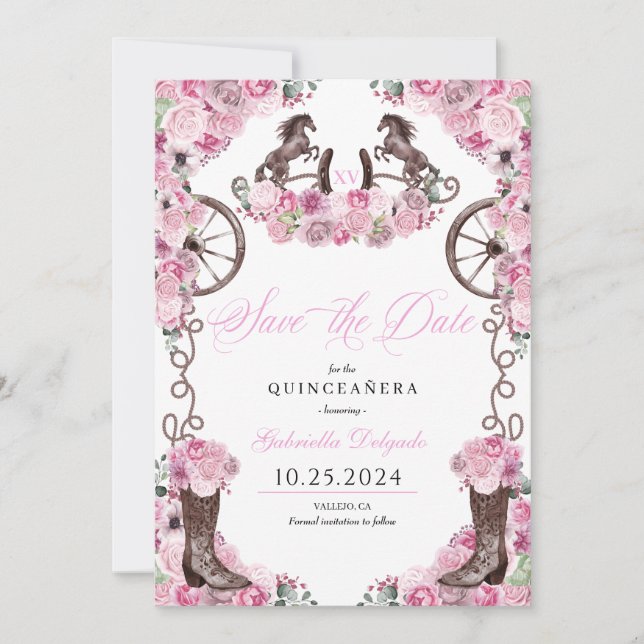 Invitation Western Pink Charro Sauvez La Date Quinceañera (Devant)