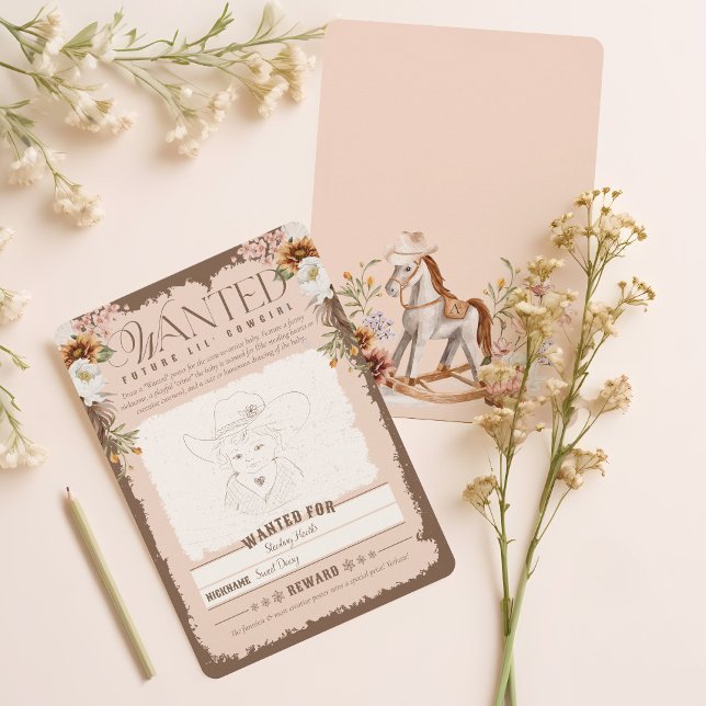 Invitation Western Recherché Poster Baby Girl Shower Game Car (Western Wanted Poster Baby Girl Shower Game Card)