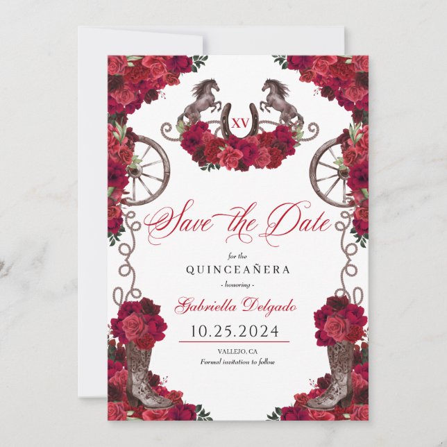 Invitation Western Red Roses Charro Sauvez La Date Quinceañer (Devant)