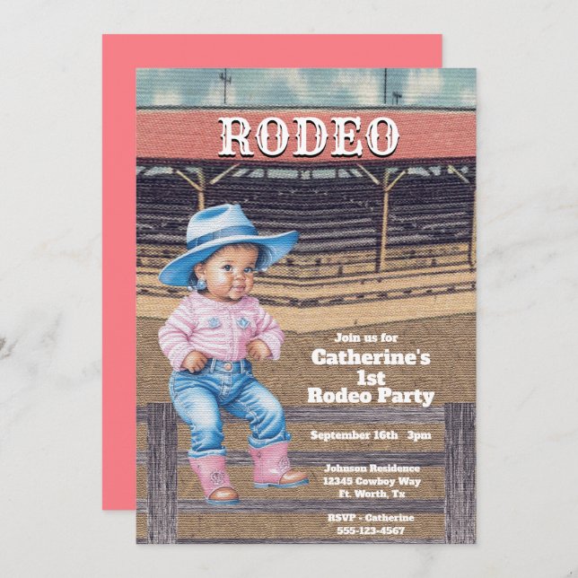 Invitation Western Rodeo Cowgirl 1er anniversaire (Devant / Derrière)