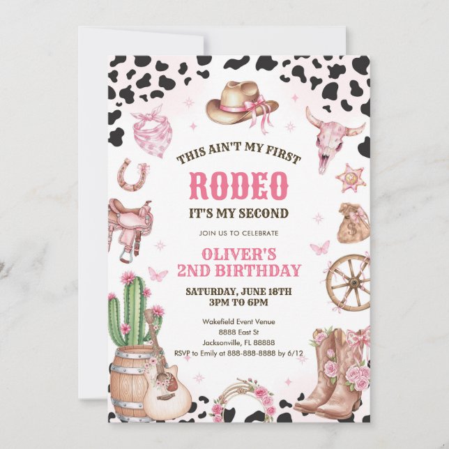 Invitation Western Rodeo Cowgirl Second Rodeo 2nd Birthday (Devant)