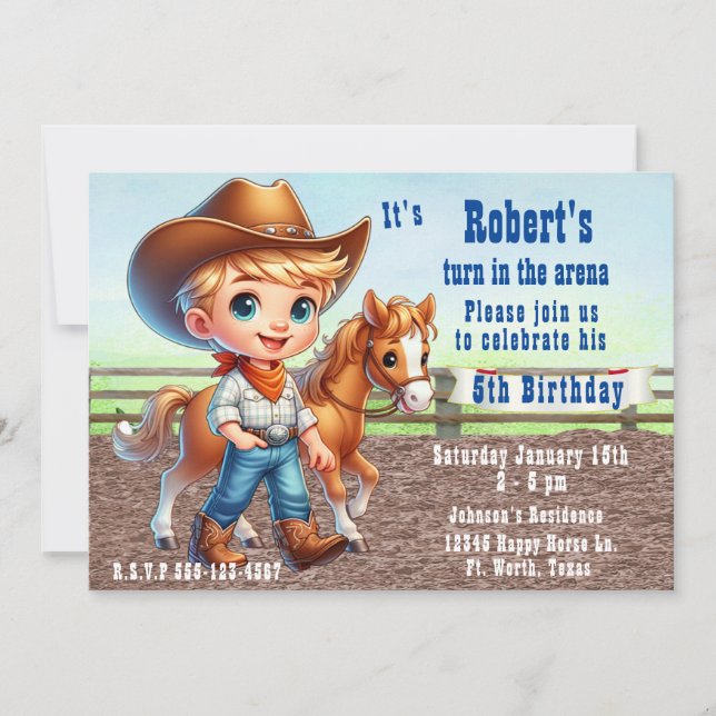 Invitation Western Rodeo Petit Cowboy Avec Cheval Anniversair (Devant)