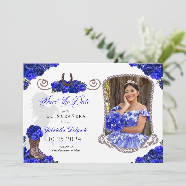 Invitation Western Royal Blue Quinceañera Enregistrer La Date (Debout devant)