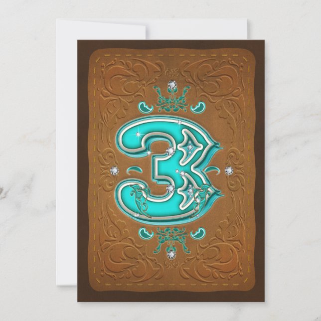 Invitation Western Rustic Brown & Turquoise TROIS 3 3ème Part (Devant)