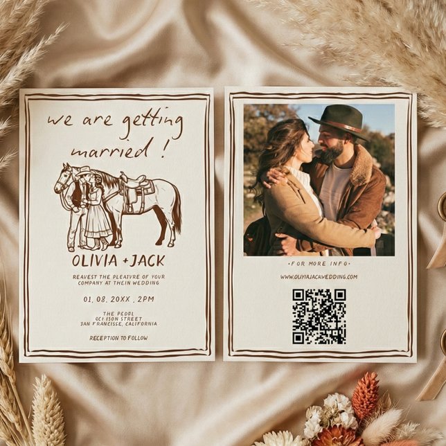 Invitation Western Rustic Hand Drawn Photo QR Code Wedding (Créateur téléchargé)