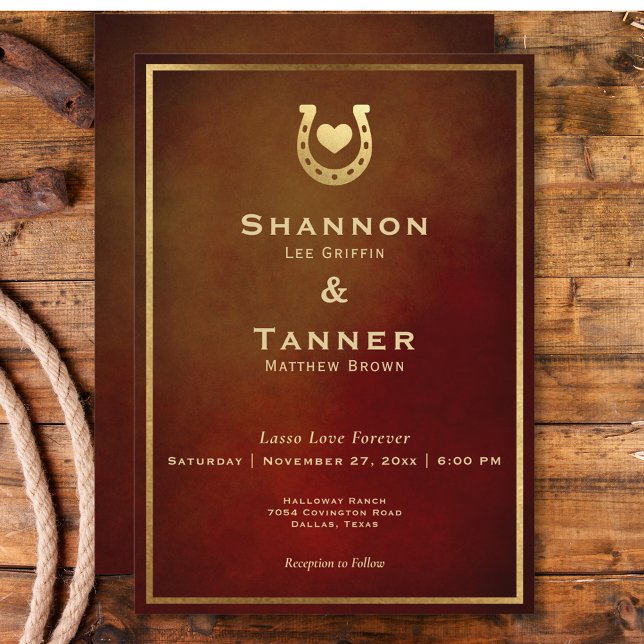 Invitation Western Rustic Horseshoe Coeur Bourgogne & Or (Western Rustic Horseshoe Heart Burgundy & Gold Invitation)